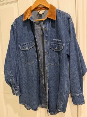 Vintage Men's Blue Denim Shirt with Tan Suede-Style Collar Newyorkjeans